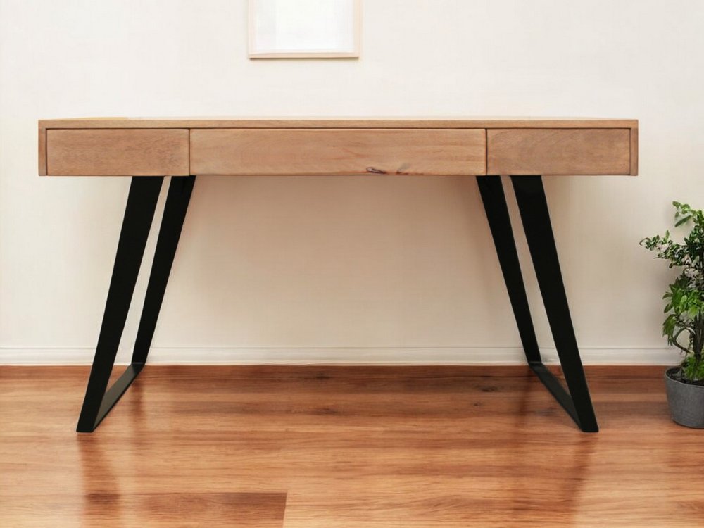 54" Natural and Black Solid Wood Writing Desk With Three Drawers HomeRoots
