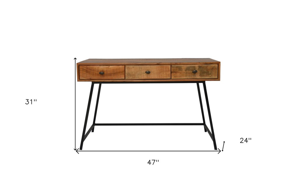 47" Natural and Black Solid Wood Writing Desk With Three Drawers HomeRoots