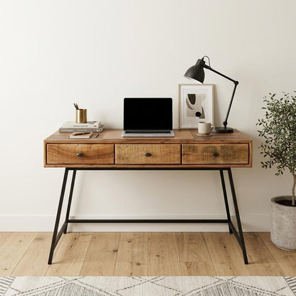 47" Natural and Black Solid Wood Writing Desk With Three Drawers HomeRoots