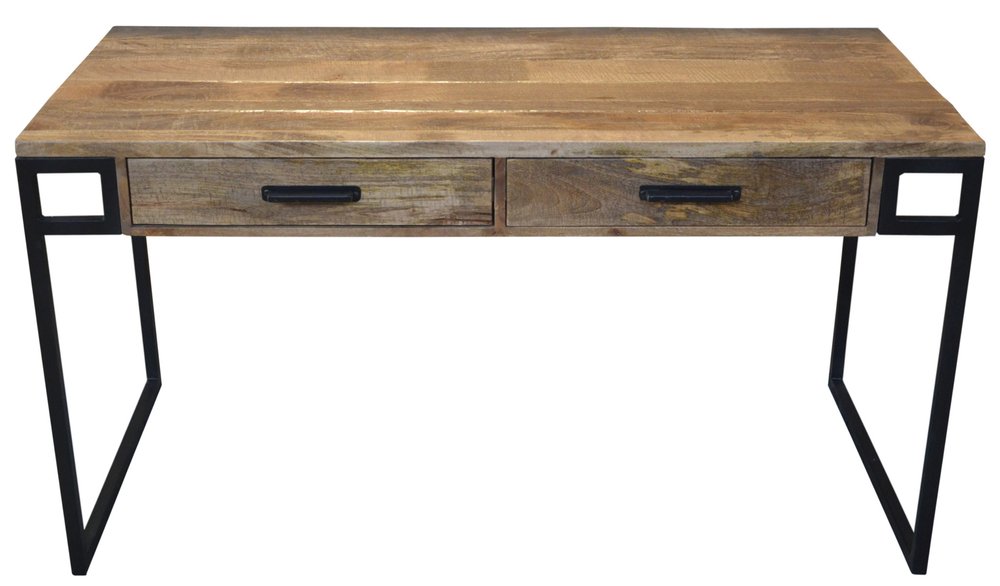 60" Natural and Black Solid Wood Writing Desk With Two Drawers — view 1