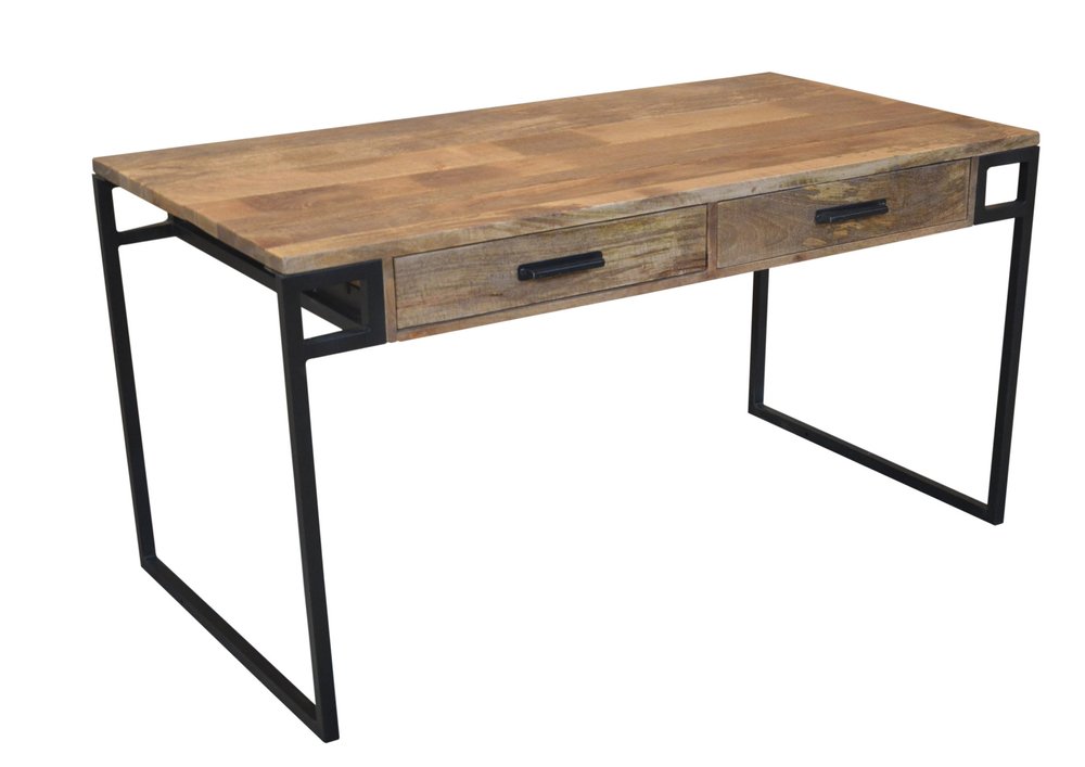 60" Natural and Black Solid Wood Writing Desk With Two Drawers HomeRoots