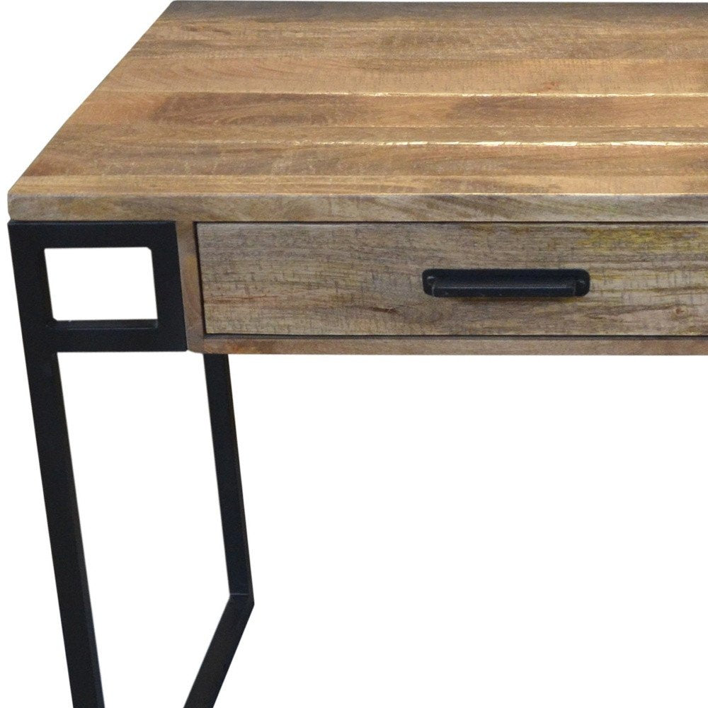 60" Natural and Black Solid Wood Writing Desk With Two Drawers HomeRoots