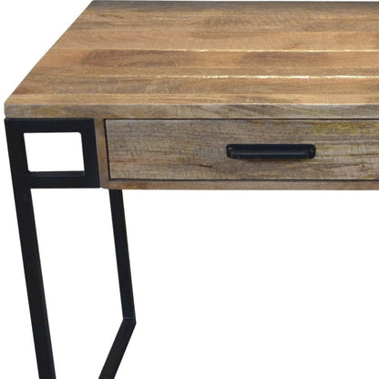 60" Natural and Black Solid Wood Writing Desk With Two Drawers HomeRoots