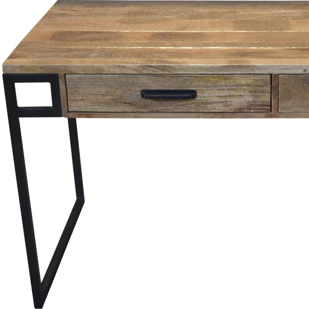 60" Natural and Black Solid Wood Writing Desk With Two Drawers HomeRoots