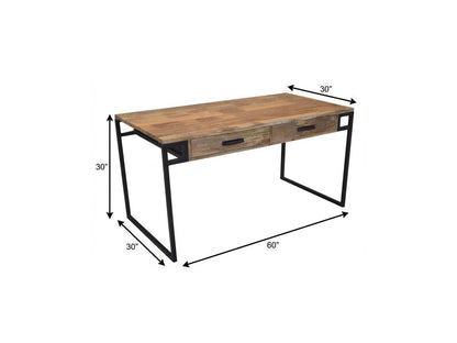 60" Natural and Black Solid Wood Writing Desk With Two Drawers HomeRoots