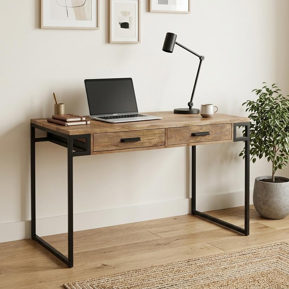 60" Natural and Black Solid Wood Writing Desk With Two Drawers HomeRoots