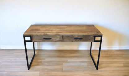 60" Natural and Black Solid Wood Writing Desk With Two Drawers HomeRoots