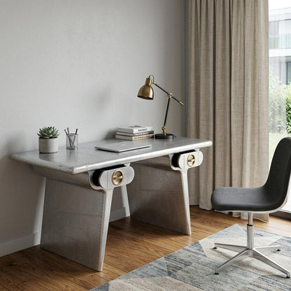 60" Silver Aluminum Writing Desk With Two Drawers HomeRoots