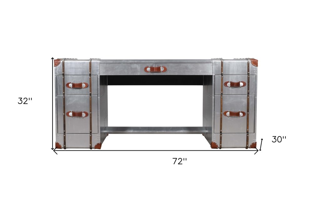 72" Silver Aluminum Executive Desk With Five Drawers HomeRoots