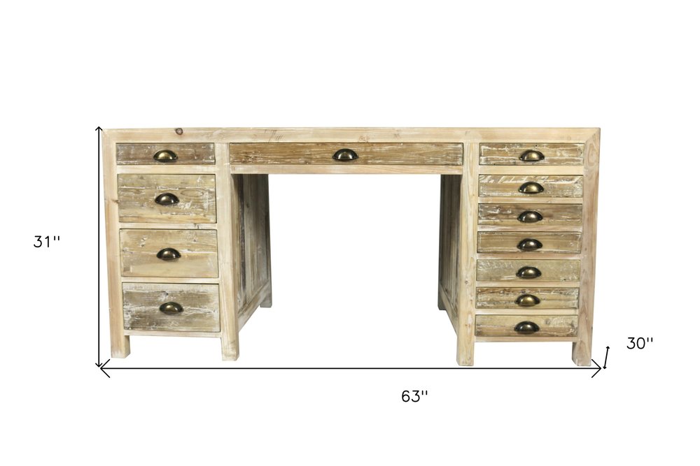 63" Brown Solid Wood Writing Desk With Twelve Drawers HomeRoots
