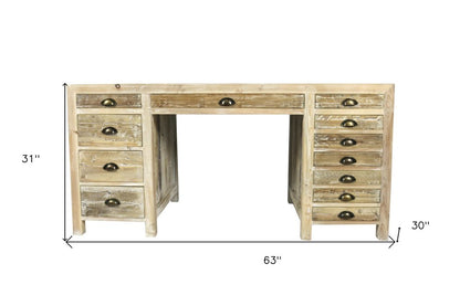 63" Brown Solid Wood Writing Desk With Twelve Drawers HomeRoots