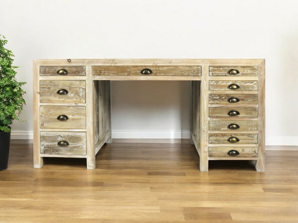 63" Brown Solid Wood Writing Desk With Twelve Drawers HomeRoots