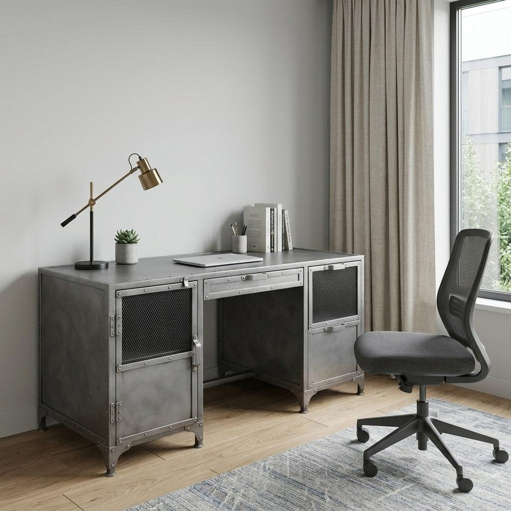 56" Gray Metal Computer Desk With Three Drawers HomeRoots