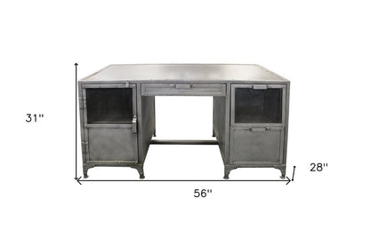 56" Gray Metal Computer Desk With Three Drawers HomeRoots