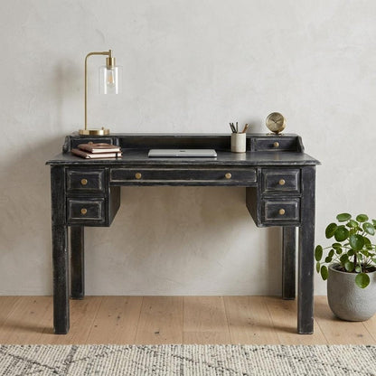 46" Black Solid Wood Writing Desk With Seven Drawers HomeRoots