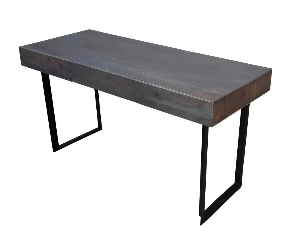 58" Gray and Black Solid Wood and Iron Sled Writing Desk With Three Drawers HomeRoots