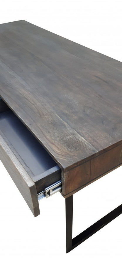 58" Gray and Black Solid Wood and Iron Sled Writing Desk With Three Drawers HomeRoots