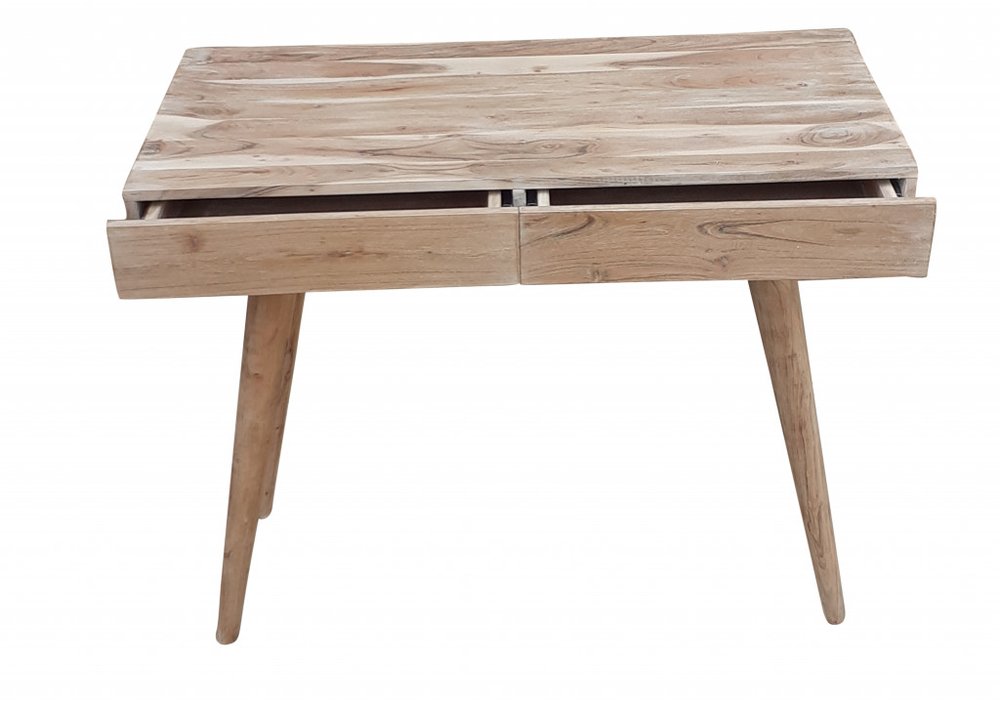 39" Brown Acacia Solid Wood Writing Desk With Three Drawers HomeRoots