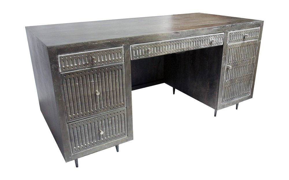 64" Brown and Silver Solid Wood Executive Desk With Five Drawers — view 2