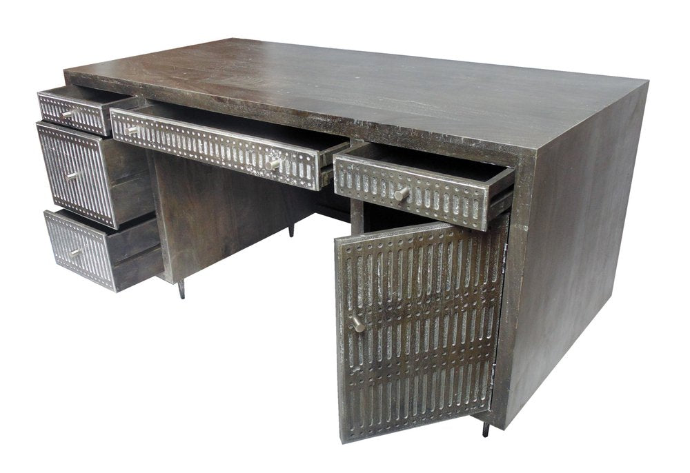 64" Brown and Silver Solid Wood Executive Desk With Five Drawers HomeRoots