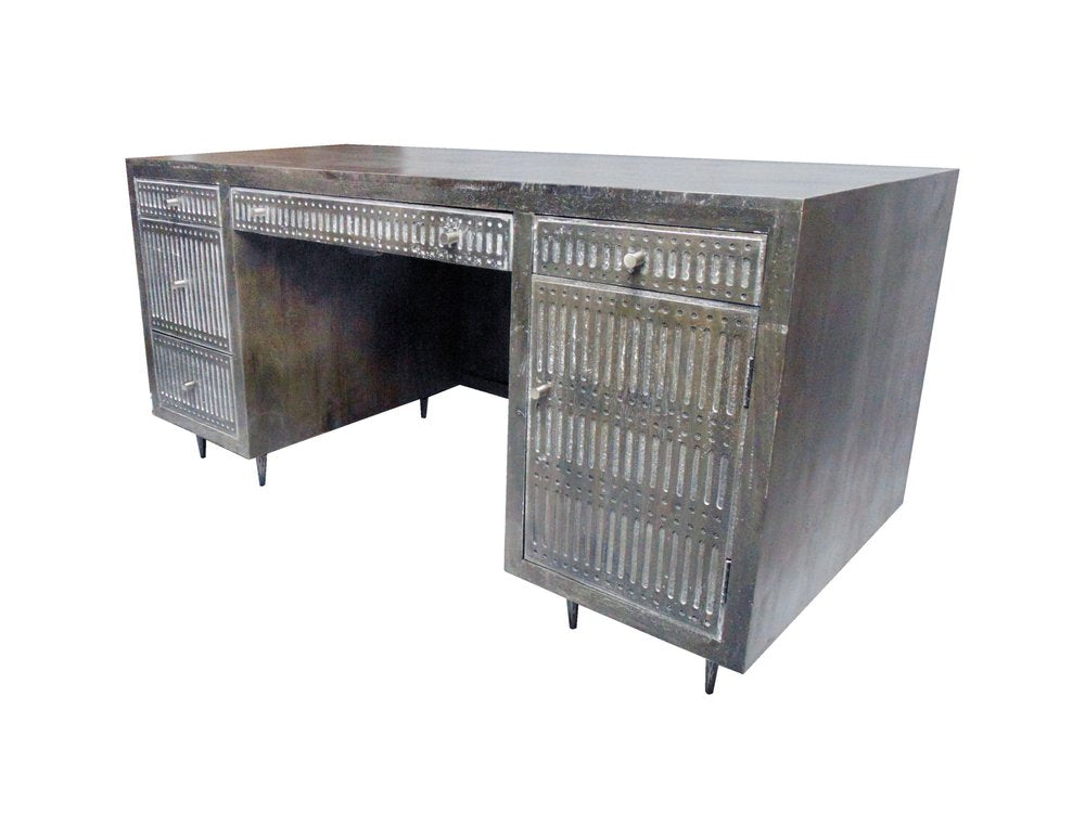 64" Brown and Silver Solid Wood Executive Desk With Five Drawers — view 4