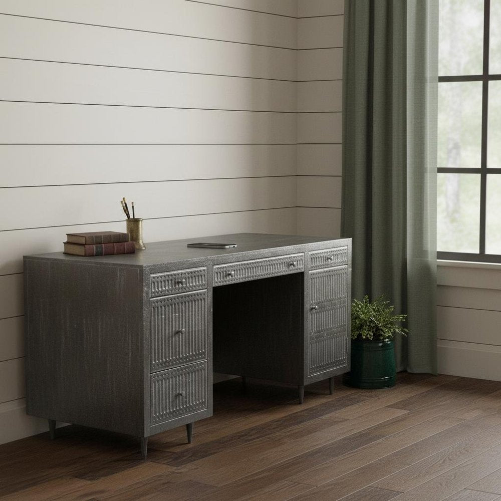 64" Brown and Silver Solid Wood Executive Desk With Five Drawers HomeRoots
