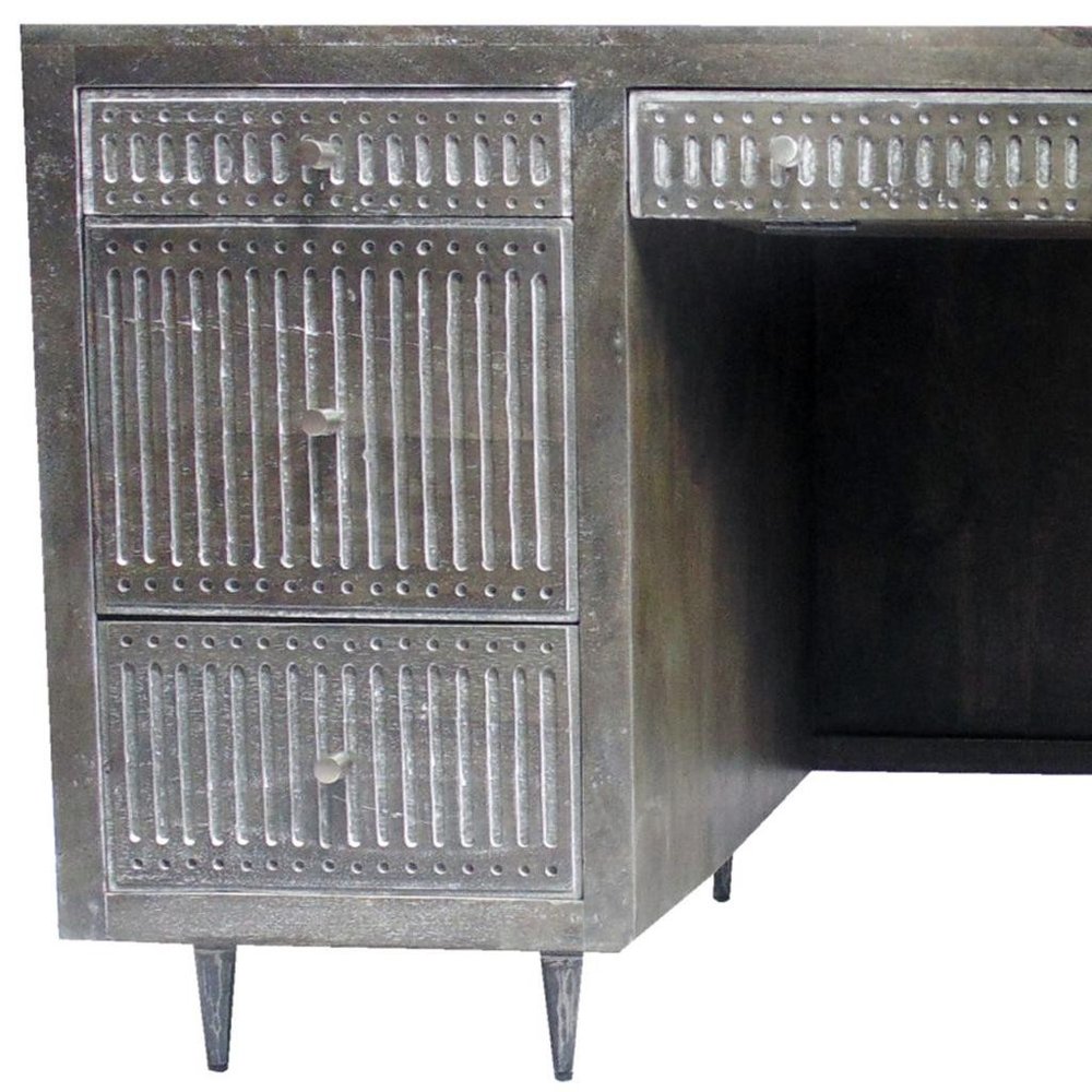 64" Brown and Silver Solid Wood Executive Desk With Five Drawers HomeRoots