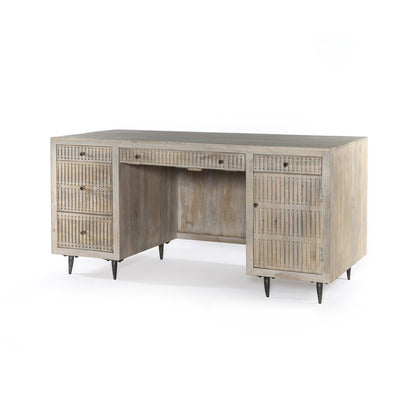 64" Ivory and Silver Solid Wood Executive Desk With Five Drawers HomeRoots