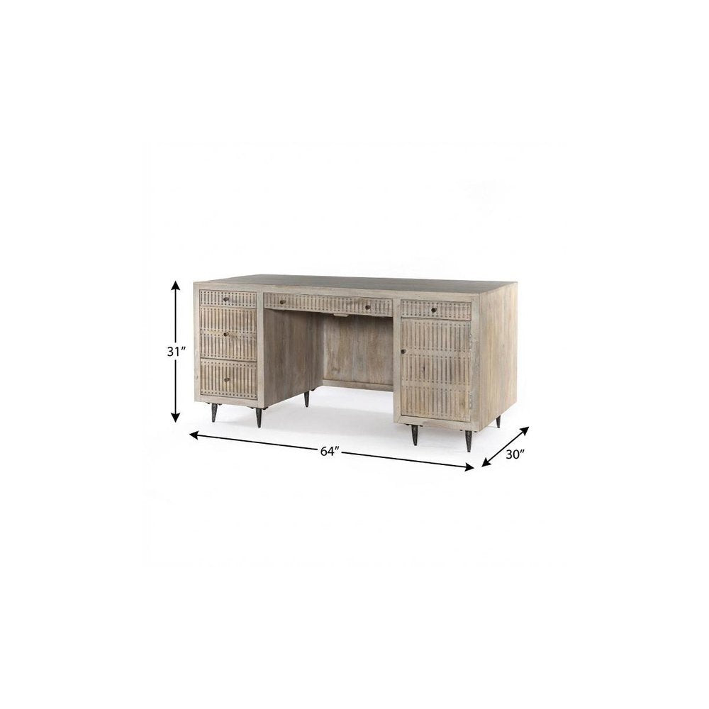 64" Ivory and Silver Solid Wood Executive Desk With Five Drawers HomeRoots