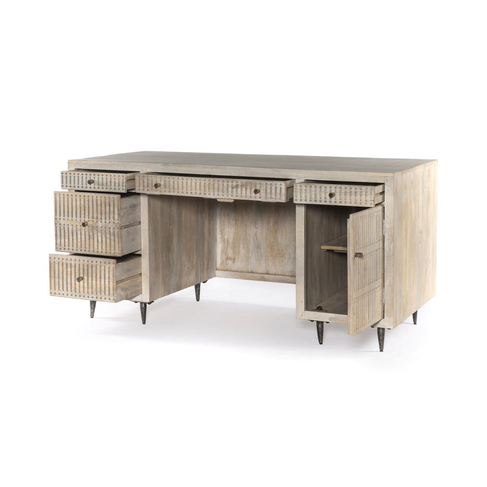 64" Ivory and Silver Solid Wood Executive Desk With Five Drawers HomeRoots