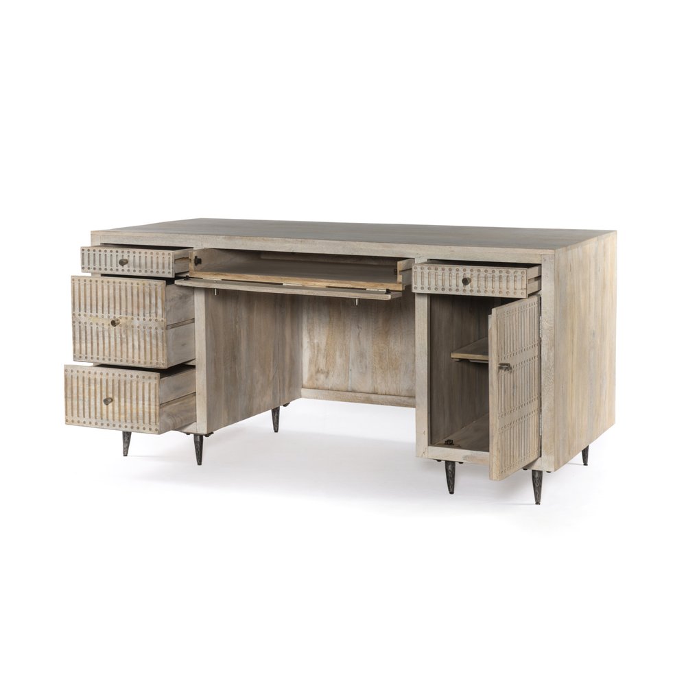 64" Ivory and Silver Solid Wood Executive Desk With Five Drawers HomeRoots
