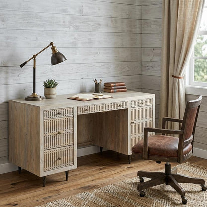 64" Ivory and Silver Solid Wood Executive Desk With Five Drawers HomeRoots