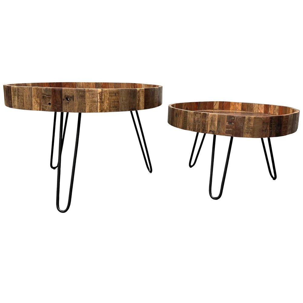 Set Of Two Black And Natural Brown Solid Wood And Iron Round End Tables HomeRoots