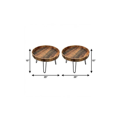 Set Of Two Black And Natural Brown Solid Wood And Iron Round End Tables HomeRoots