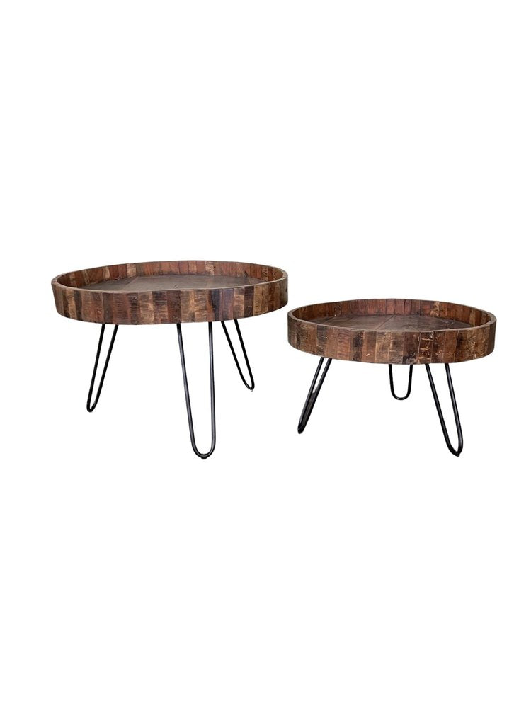 Set Of Two Black And Natural Brown Solid Wood And Iron Round End Tables HomeRoots