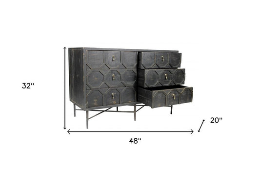 48" Dark Brown Carved Geometric Solid Wood Six Drawer Double Dresser