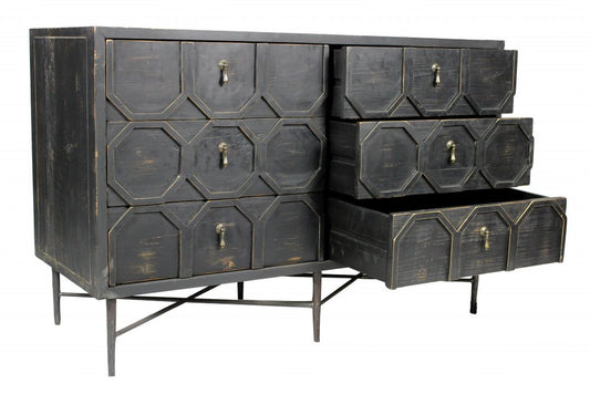 48" Dark Brown Carved Geometric Solid Wood Six Drawer Double Dresser