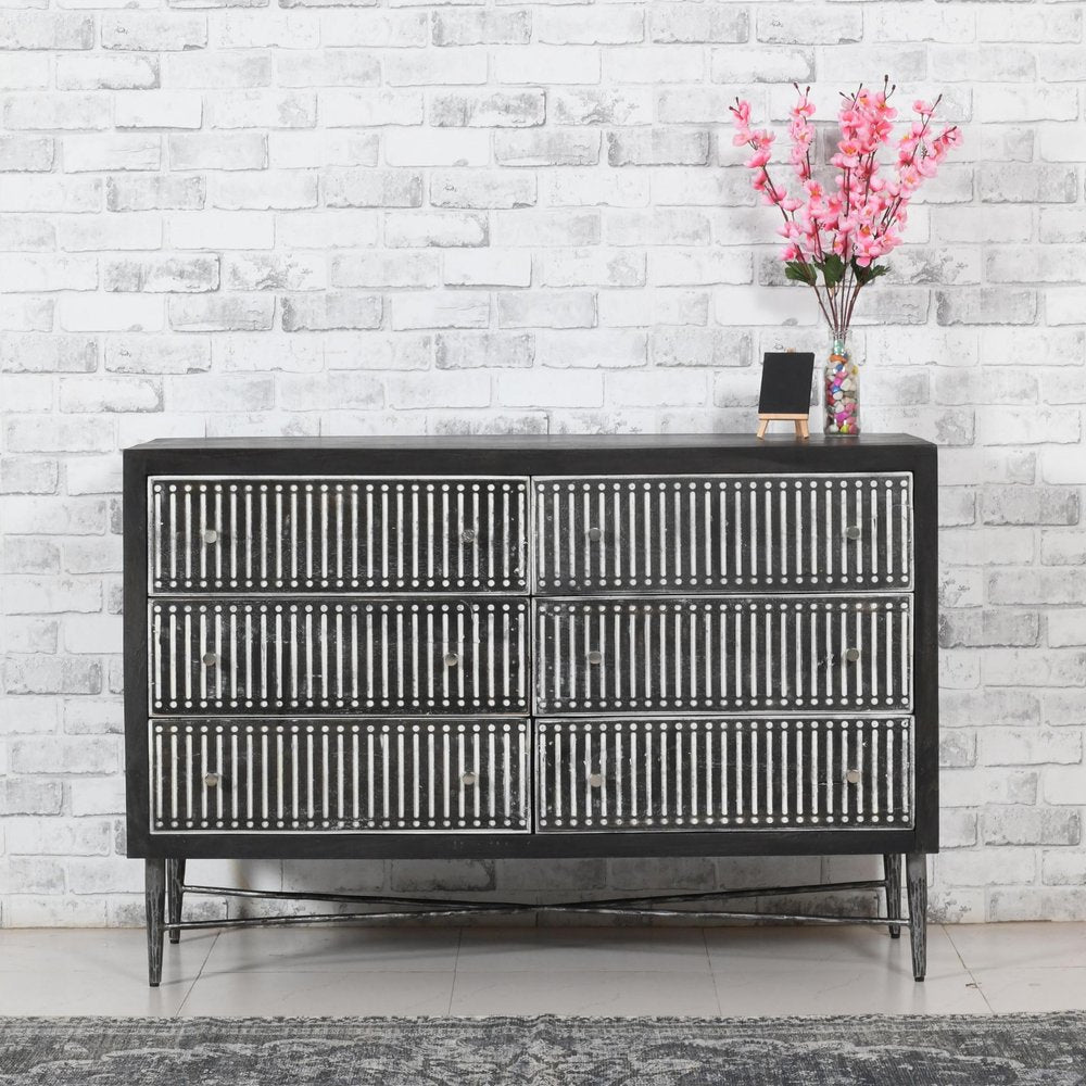 48" Brown Carved Geometric Solid Wood And Iron Six Drawer Double Dresser