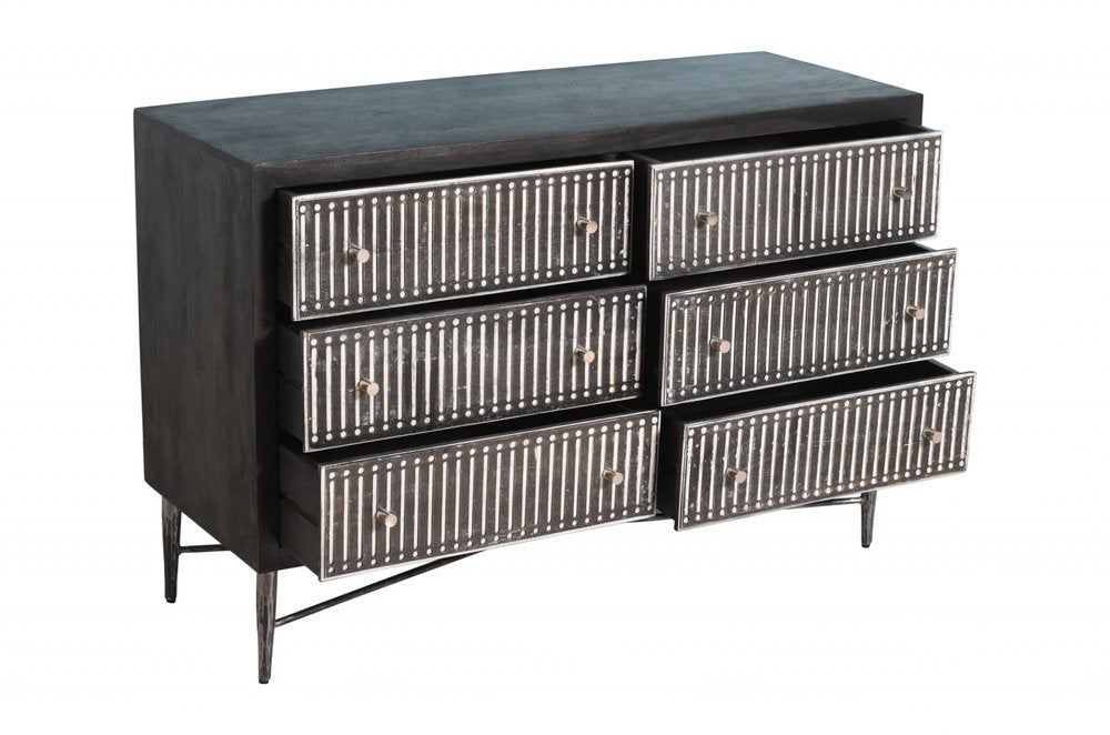 48" Brown Carved Geometric Solid Wood And Iron Six Drawer Double Dresser