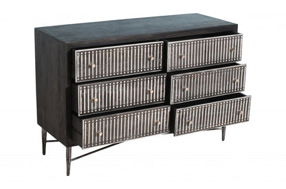 48" Brown Carved Geometric Solid Wood And Iron Six Drawer Double Dresser