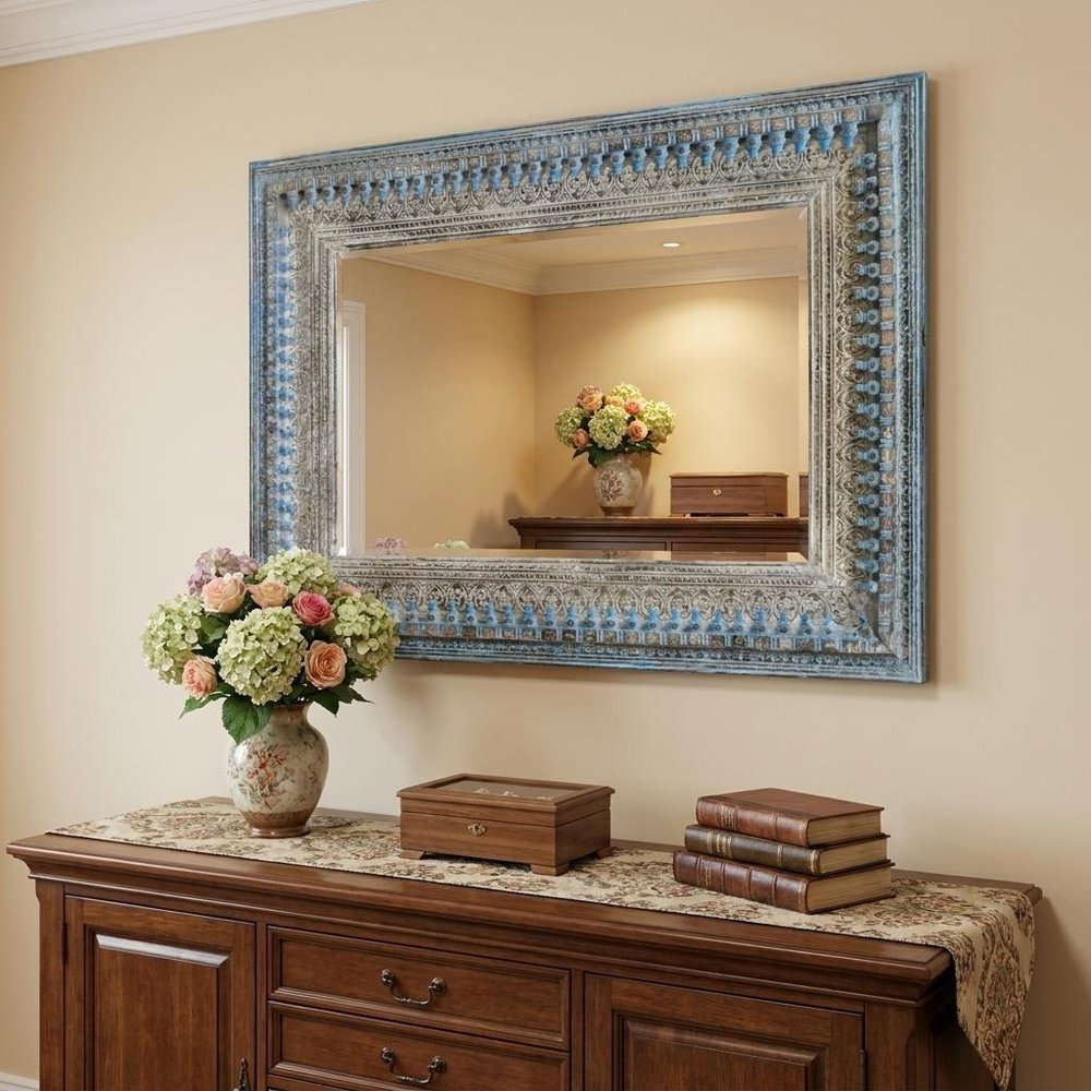 50" Blue and Silver Solid Wood Framed Accent Mirror HomeRoots