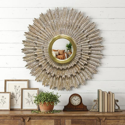 44" Antiqued Gold Sunburst Wood and Metal Framed Accent Mirror HomeRoots