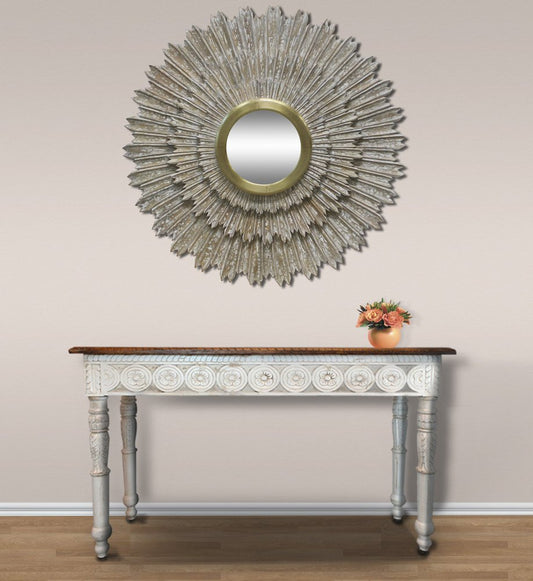 44" Antiqued Gold Sunburst Wood and Metal Framed Accent Mirror HomeRoots