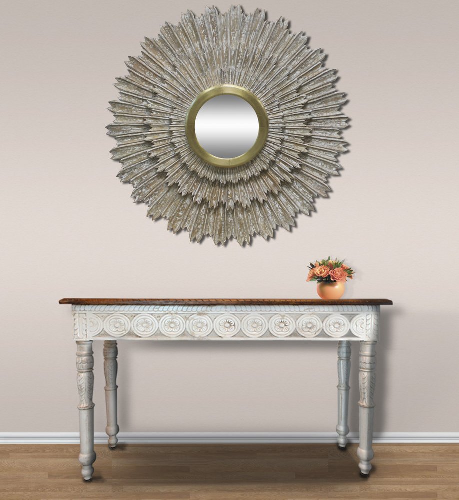 44" Antiqued Gold Sunburst Wood and Metal Framed Accent Mirror HomeRoots