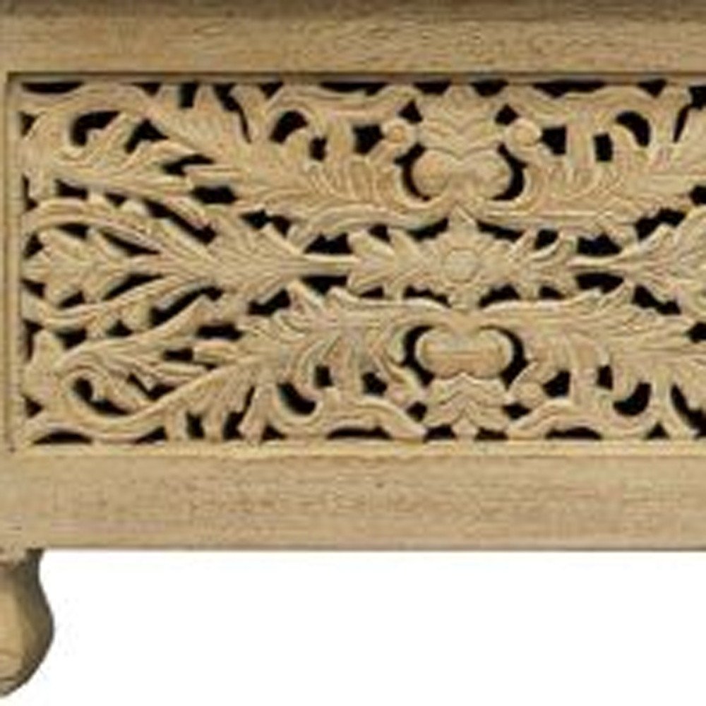 46" Antique White Solid Carved Wood Scroll Bench with Flip Top HomeRoots