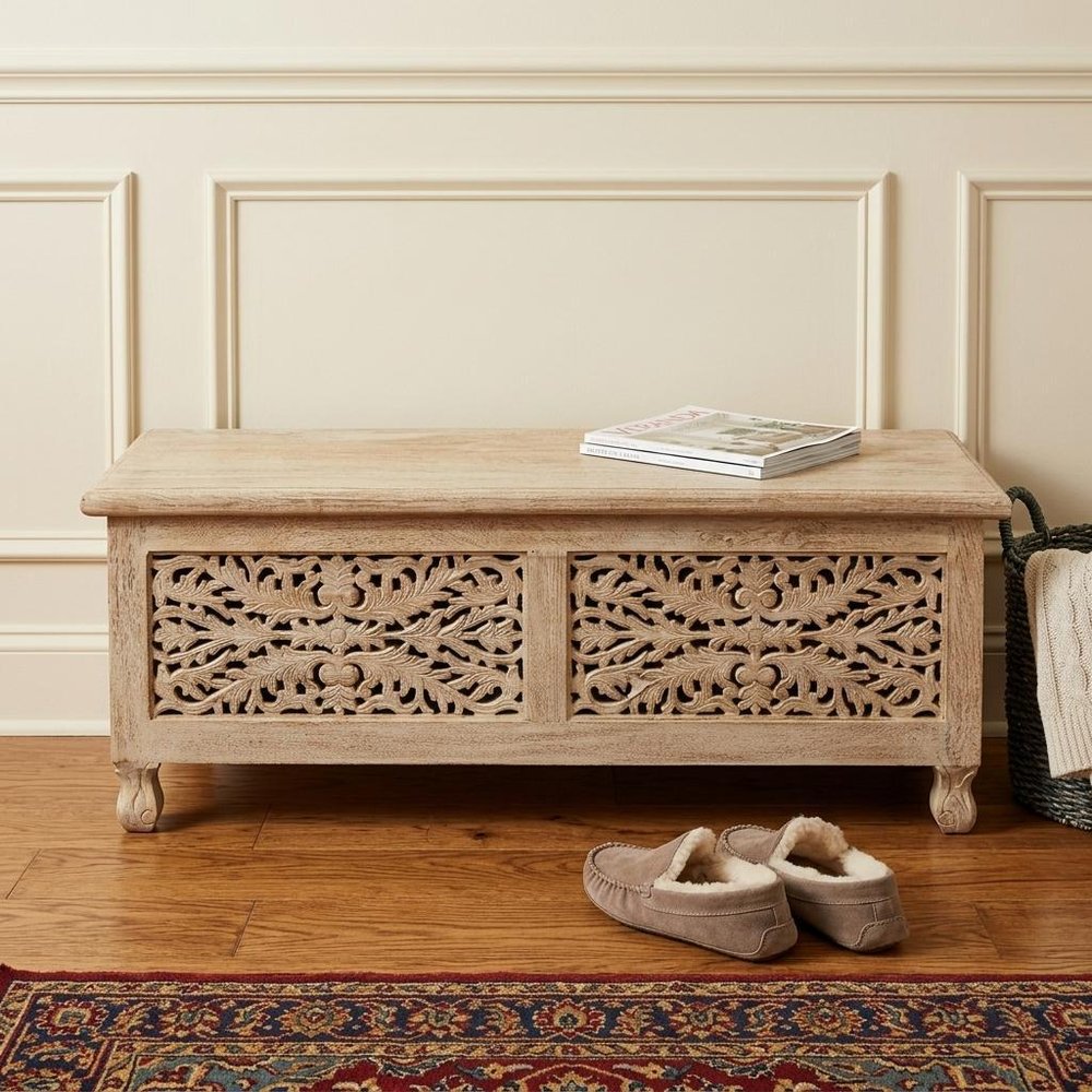 46" Antique White Solid Carved Wood Scroll Bench with Flip Top HomeRoots