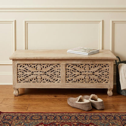 46" Antique White Solid Carved Wood Scroll Bench with Flip Top HomeRoots