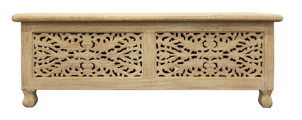 46" Antique White Solid Carved Wood Scroll Bench with Flip Top HomeRoots