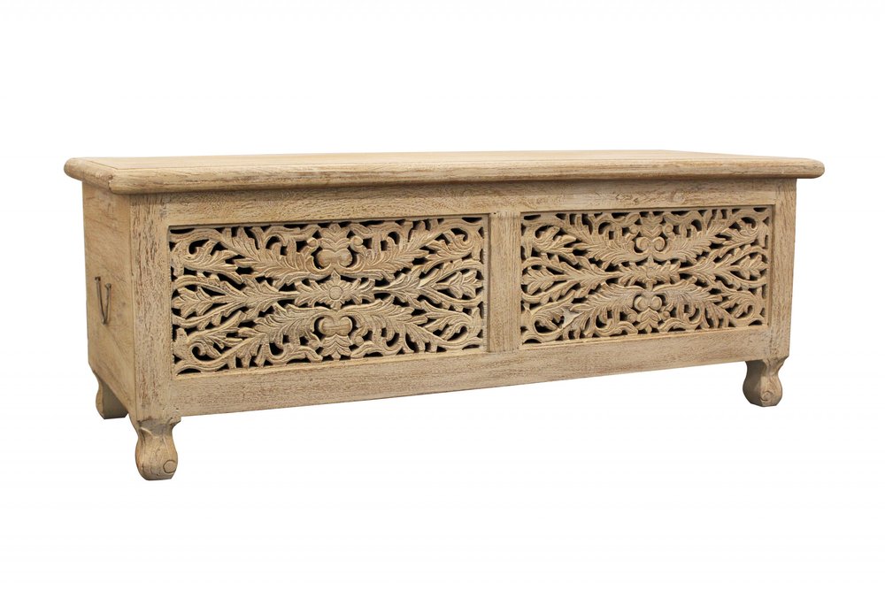 46" Antique White Solid Carved Wood Scroll Bench with Flip Top HomeRoots