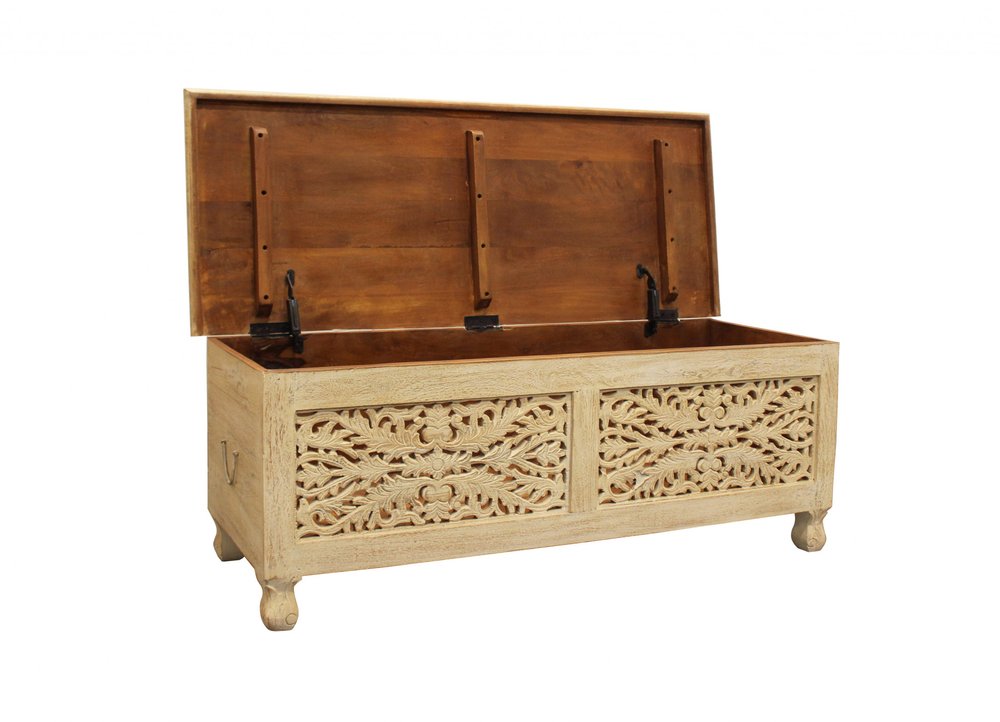 46" Antique White Solid Carved Wood Scroll Bench with Flip Top HomeRoots
